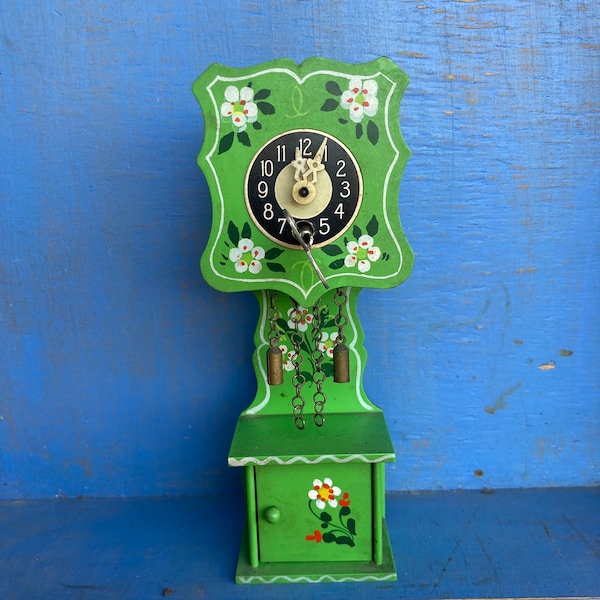 Vintage Miniature clock made by West Germany. Vintage painted wooden clock. Mini pendulum clock for the dollhouse.