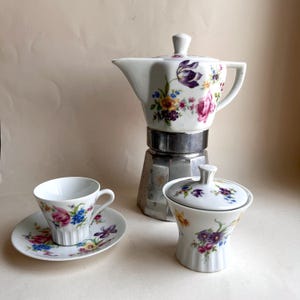 Grandma&#39;s Coffee Service. Vintage Italian coffee maker with matching cups and sugar bowl. Italian coffee maker with coordinating service.