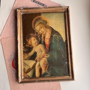 Peinture en bois de style artisanal florentin, reproduction de la Vierge à l'Enfant Jésus. Art sacré ITALIEN. Fabriqué en Italie