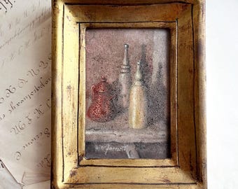 ヴィンテージ木製モザイク画：青い花瓶のある静物画、1960年代の
