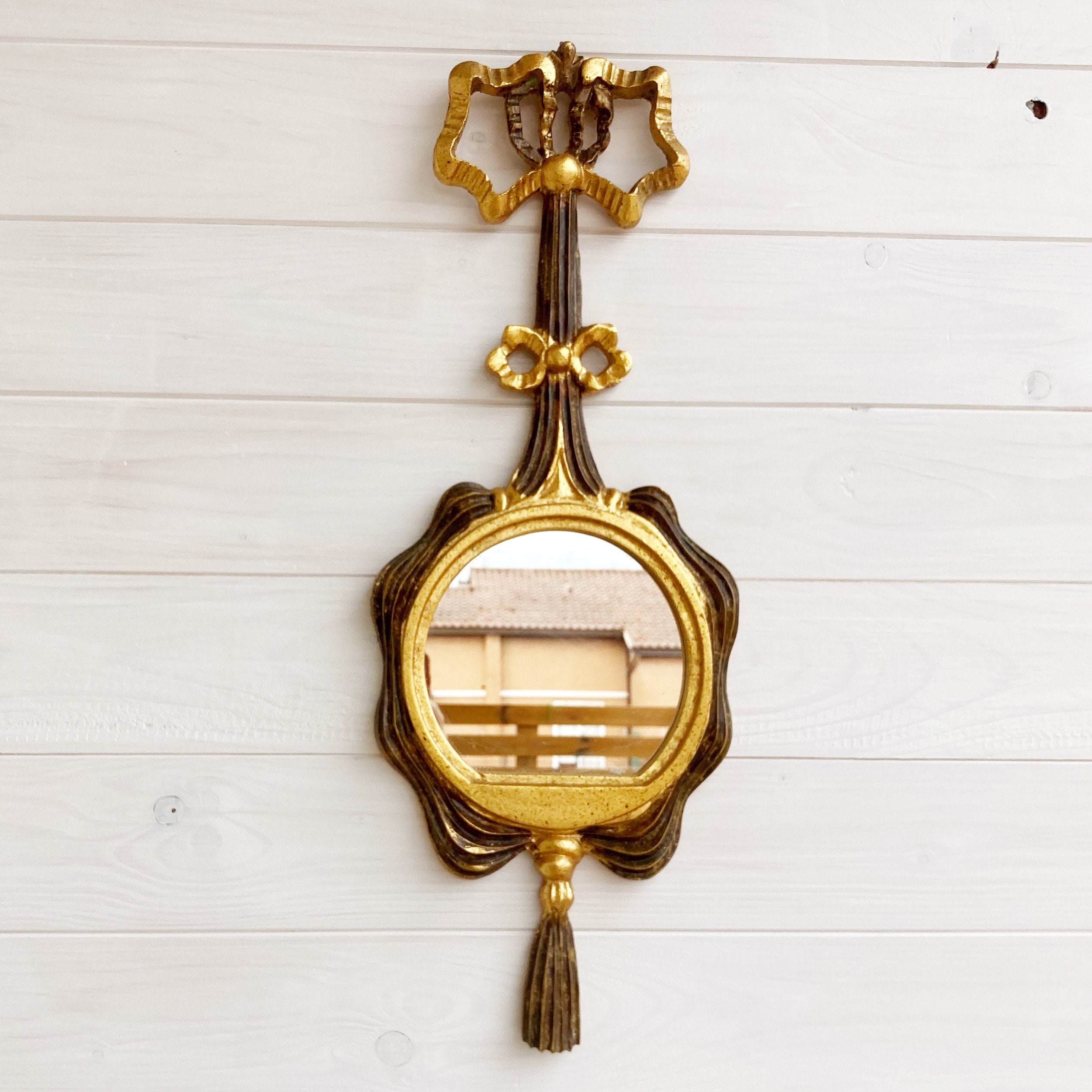Miroir Ancien Allongé En Bronze Et Laiton - Style Baroque Français, 58x25.5 Cm