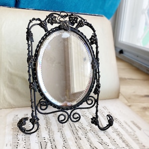 Liberty mirror in wrought iron and with bevelled mirror. Vintage table/wall mirror. Italian Liberty mirror. Bohemian decor.