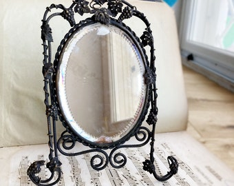 Liberty mirror in wrought iron and with bevelled mirror. Vintage table/wall mirror. Italian Liberty mirror. Bohemian decor.