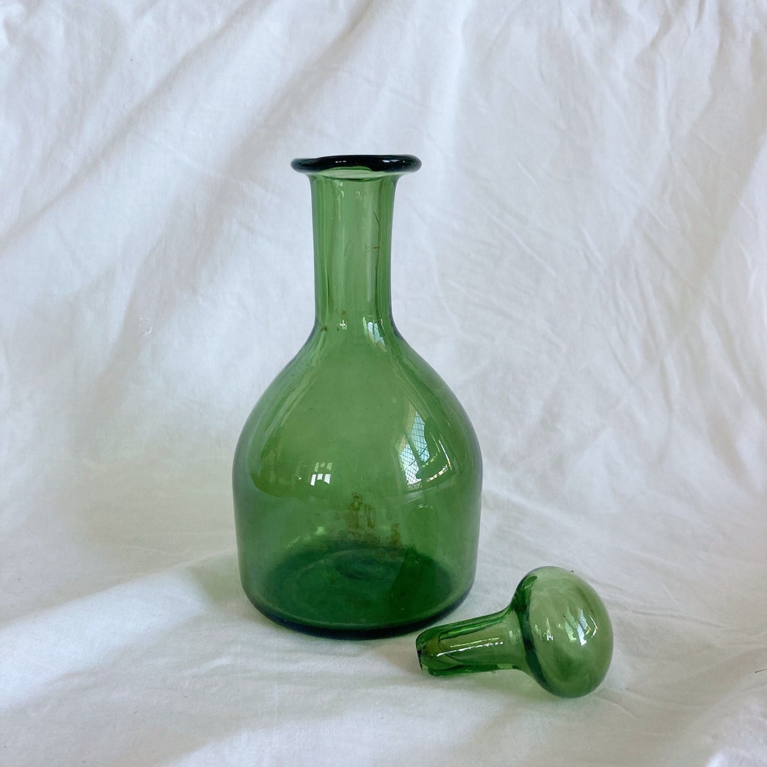 Bottle, Vintage Emerald Green Ampoule With Blown Glass Stopper. Italian
