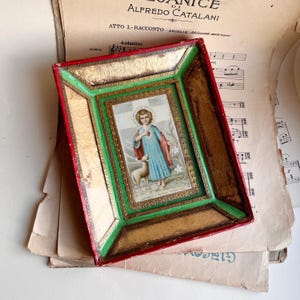 Cuadro antiguo con Santino vintage. Cuadro de cartón antiguo. Artesanía italiana del siglo XX. Antigua estampa italiana. Arte sacro italiano.