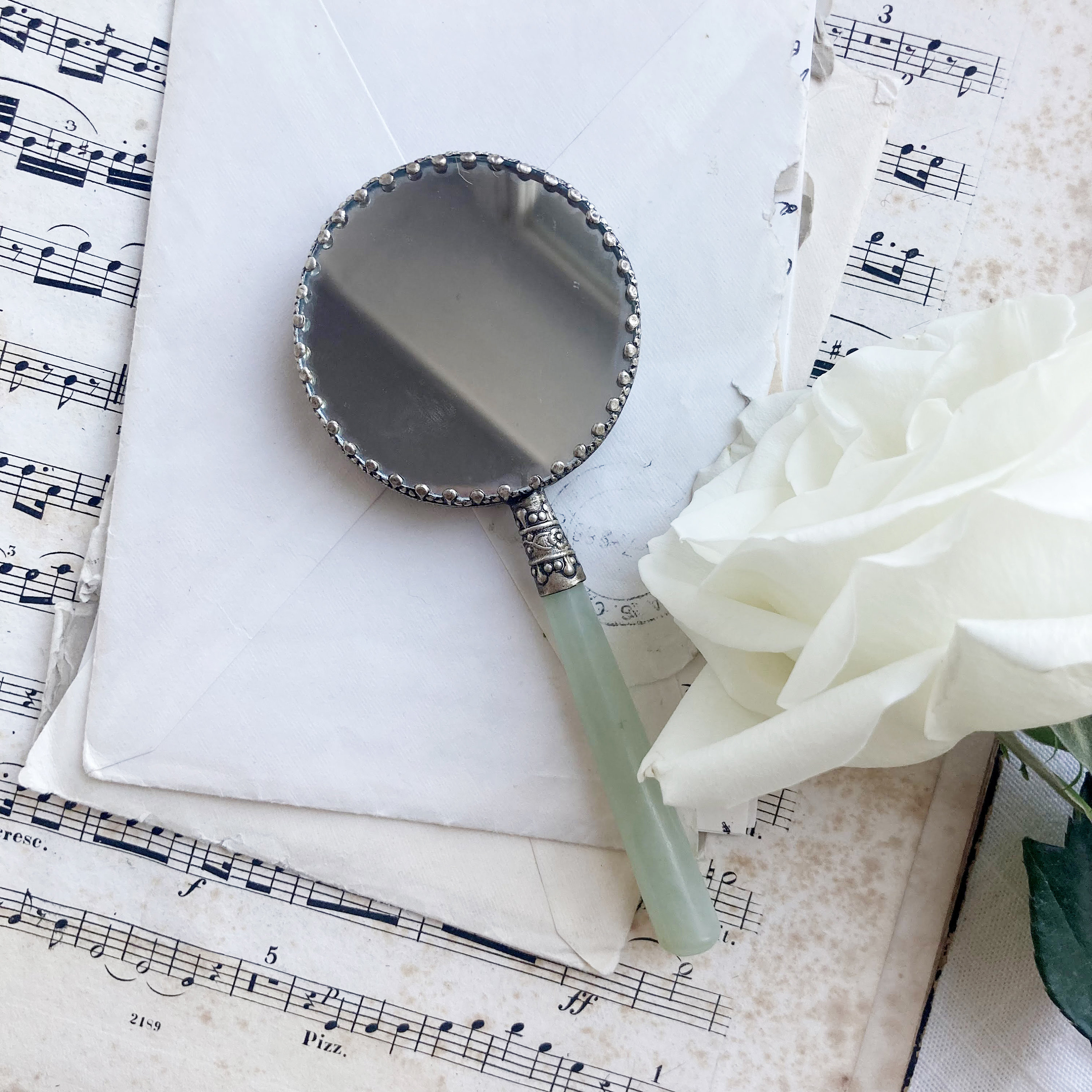 Vintage Chinese Hand Mirror. Vintage Pewter Hand Mirror With Jade