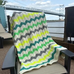 Chevron Blanket Knitting Pattern – Pacific Ripple Throw – Bulky Weight PDF Knit Pattern 4 sizes