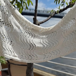 Puede incluir: Un chal blanco de ganchillo con un delicado patrón de encaje cuelga de una rama de árbol. El chal está drapeado sobre la rama y el patrón de encaje es visible a la luz del sol.