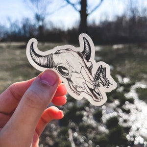 Bison Skull with Butterfly Sticker | Die-Cut Weatherproof Sticker | Vinyl Waterproof | Water Bottle & Laptop Sticker | Black and White Boho