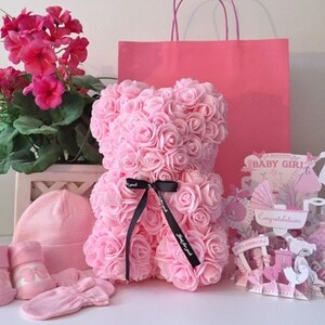 Urso de pelúcia rosa rosa presente para nova menina com botas, boné, luvas e cartão pop-out/presente de chá de bebê/nova mãe/navios do Canadá