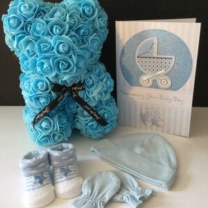 BLUE Rose Bear Gift for New Baby Boy w/Booties,Cap, Mittens & Popout Card/ Baby shower gift/ New mom/Ships from Canada