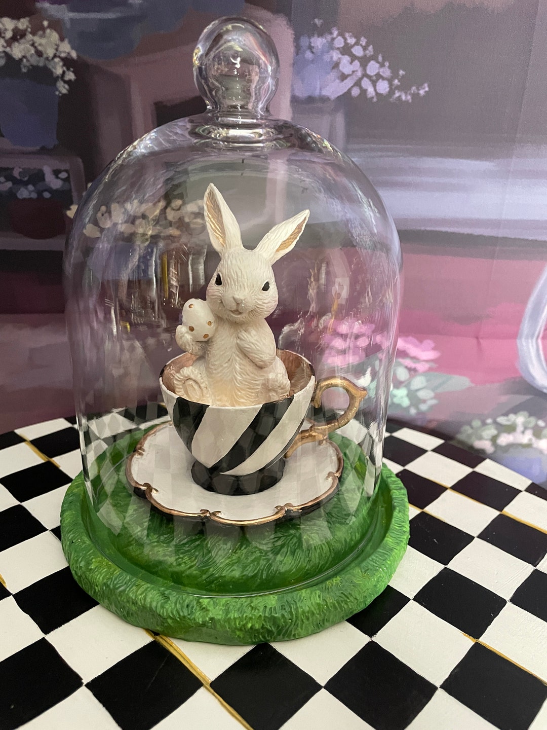 Teacup Bunny, Black and White Hand Painted Bunny, Bunny With Glass