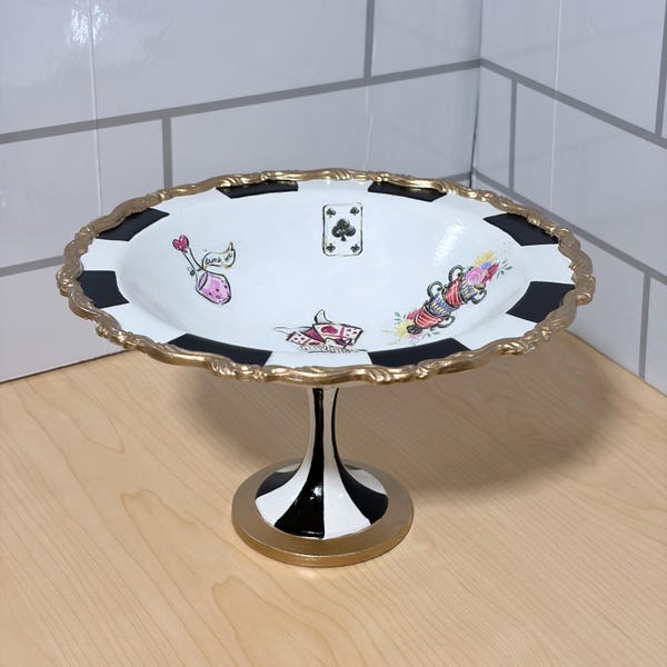 Black and White Hand Painted with Alice in Wonderland transfers  Pedestal Candy Dish