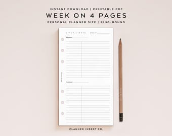 PERSOONLIJKE GROOTTE//week op 4 pagina's/ongedateerde weekplanner invoegen afdrukbaar/wekelijkse spread layout/wekelijkse organisator agenda/minimaal
