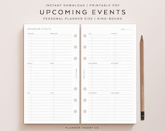 PERSONAL SIZE // Upcoming Events Log Printable Planner Insert, Events Planner, Monthly Events Tracker, Yearly Events Calendar, Minimal