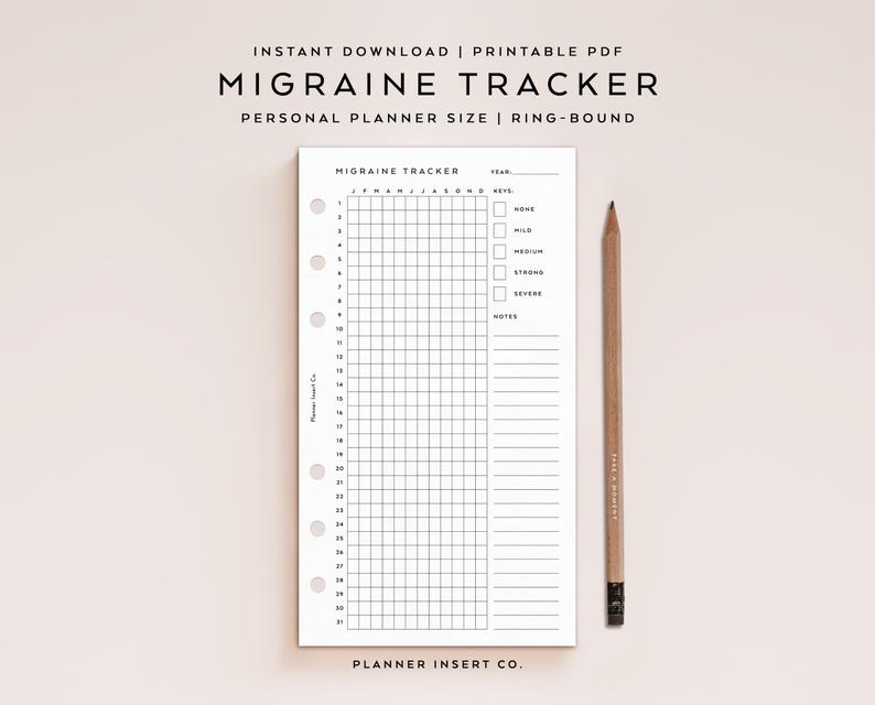 PERSONAL SIZE // Monthly Migraine Tracker Planner Insert Printable, Chronic Migraine Journal, Migraine Log, Headache Pain Tracker, Minimal image 1