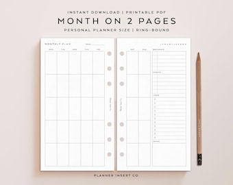 PERSONAL SIZE // Monthly Undated Planner Printable Insert / Month On Two Pages / Month At A Glance / Monday Sunday Start / MO2P / Minimal