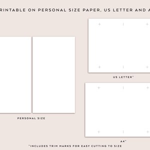 May include: Printable templates for personal size, US Letter, and A4 paper. The image shows three white rectangles with trim marks for easy cutting to size. "Includes trim marks for easy cutting to size" is written below the rectangles.