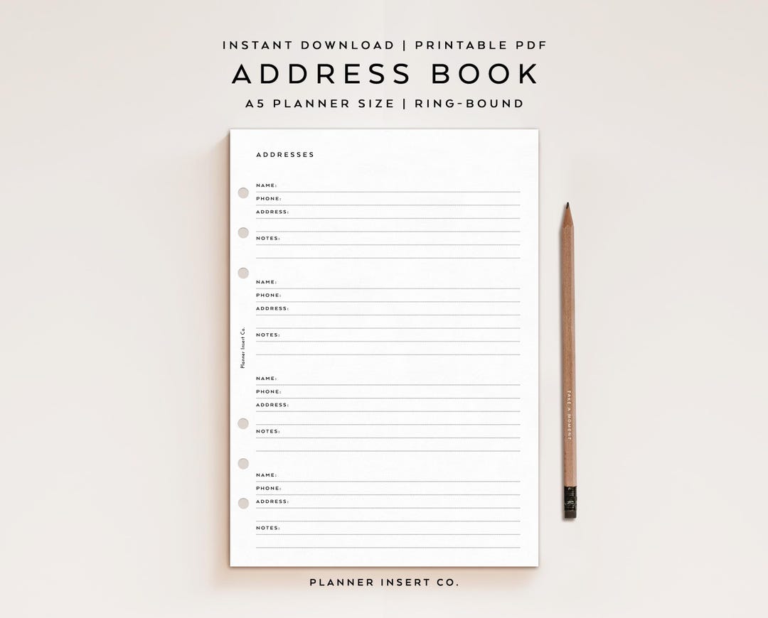 A5 PLANNER SIZE // Address Book Printable Planner Insert, Contacts List ...