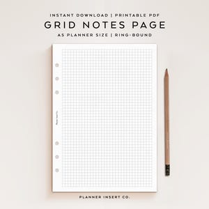 May include: A white A5 grid notes page with a ring-bound design, perfect for planners. The page features a grid pattern and is accompanied by a brown pencil. Text on the page reads "GRID NOTES PAGE" and "PLANNER INSERT CO."