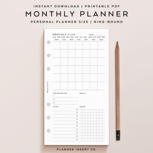 PERSONAL SIZE // Monthly Planner Printable Insert / Monthly Agenda Plan Minimal / Month At A Glance On One Page / Monday Sunday Start / MO1P