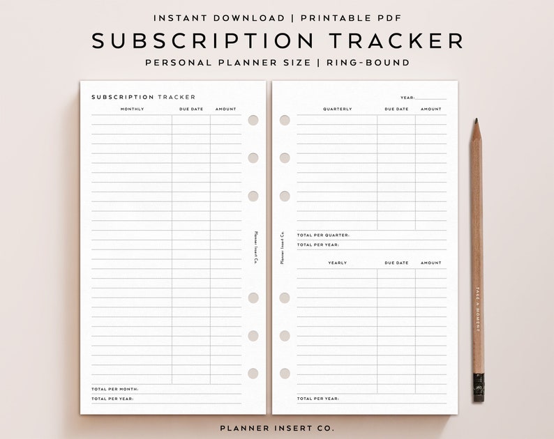 May include: A printable subscription tracker for personal planners. The tracker is divided into sections for monthly, quarterly, and yearly subscriptions. Each section has columns for due date and amount. The tracker also includes space to calculate totals per month, quarter, and year.