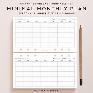 PERSONAL SIZE // Monthly Planner Printable Insert / Month On One Page / Month At A Glance / Monday Sunday Start / MO1P / Minimal / Monthly