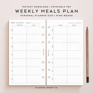 TAMAÑO PERSONAL // Inserto imprimible para plan de comidas semanales / Planificador de menú semanal / Preparación de comidas para 7 días / Planificador de dieta / Anillos personales / Minimalista