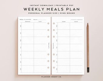 PERSONAL SIZE // Weekly Meals Plan Printable Insert / Weekly Menu Planner / 7 Day Meals Prep / Food Diet Planner / Personal Rings / Minimal