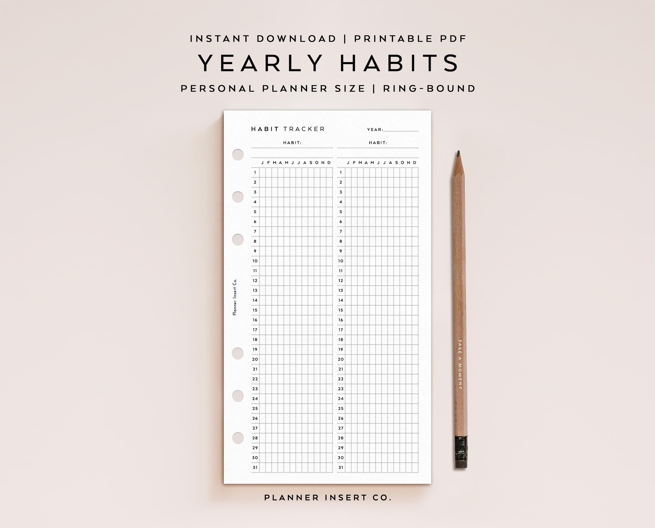 PERSONAL SIZE // Yearly Habit Tracker Printable Planner Insert, Monthly ...