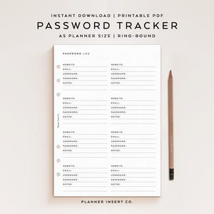 A5 PLANNER SIZE // Password Tracker Planner Insert Printable / Password Keeper / Password Organizer / Password Log / Password List / Minimal