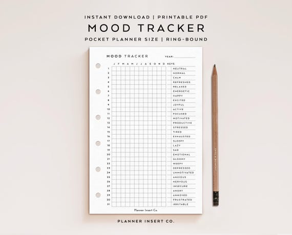 POCKET SIZE // Mood Tracker Printable Planner Insert, Year In Pixels, Mood Swings, Mood Chart Log Journal, Wellness Planner, Pocket Rings