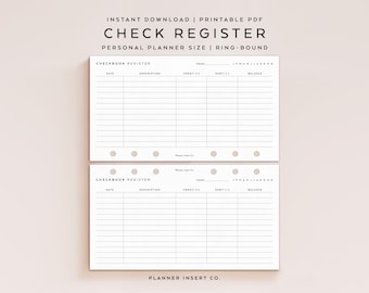 PERSONAL SIZE // Checkbook Register Printable Planner Insert, Check Register, Checkbook Log, Transaction Register, Check Transaction Tracker