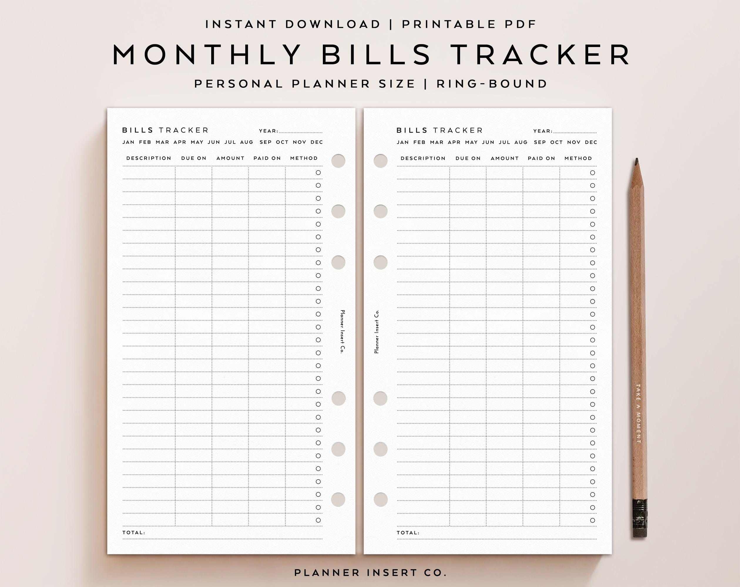 PERSONAL SIZE // Bills Tracker Printable Planner Insert / Bills Due ...