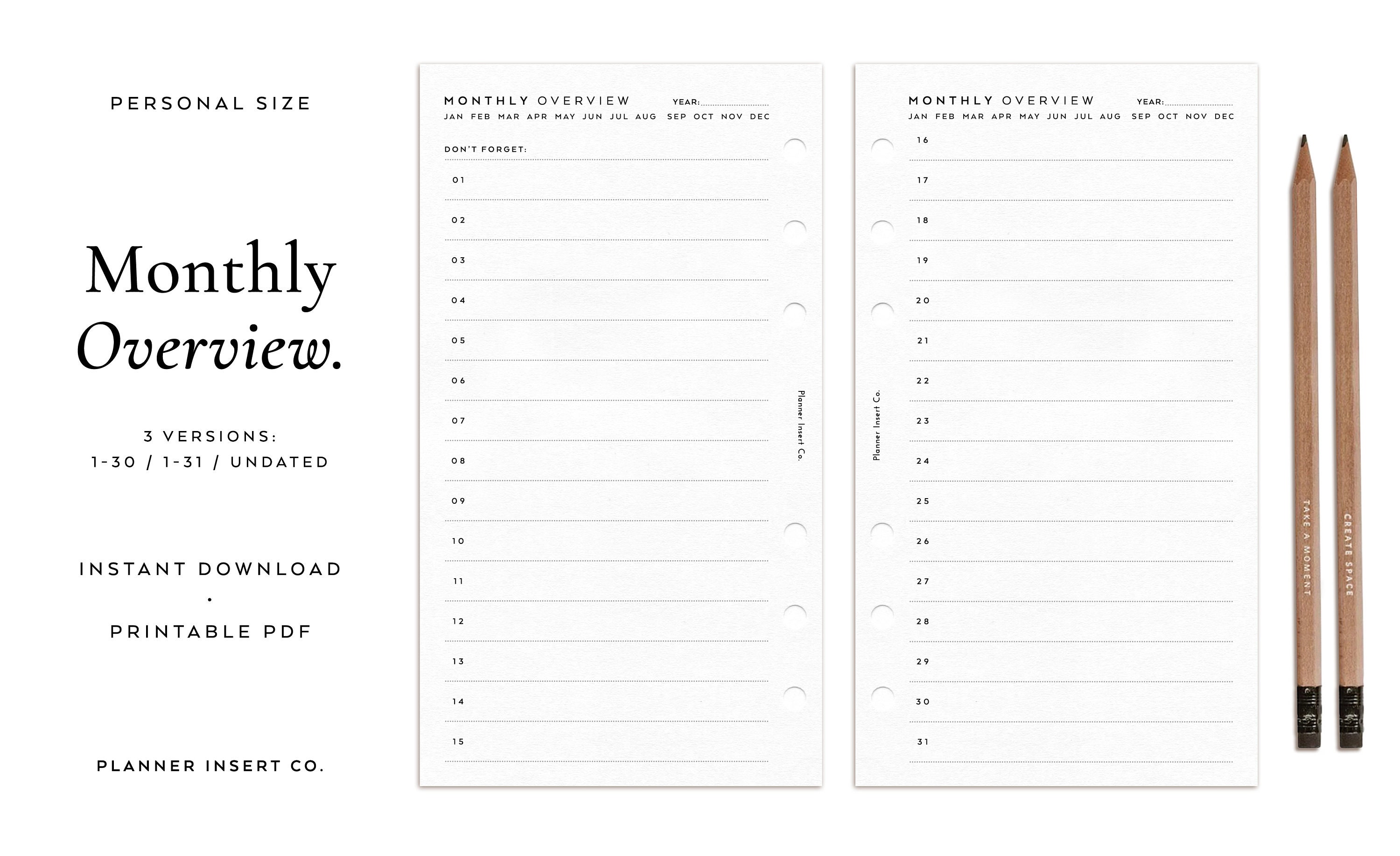 PERSONAL SIZE // Monthly Planner Insert Printable / Month at A Glance