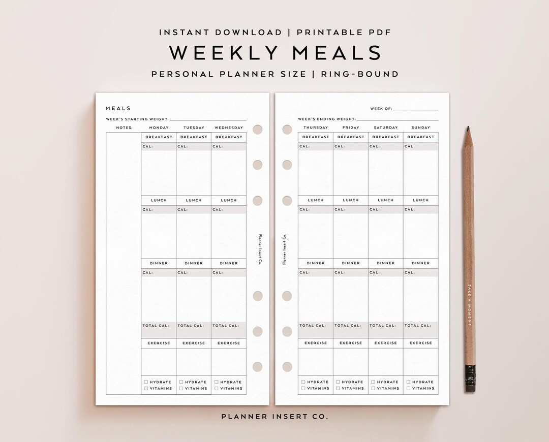 PERSONAL SIZE // Weekly Meals Planner Printable Insert, Weight Loss ...
