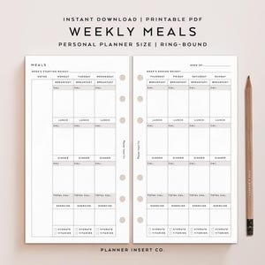 May include: A printable PDF weekly meal planner with a ring-bound design. The planner includes sections for breakfast, lunch, and dinner, with space for calorie tracking and exercise. The text "WEEKLY MEALS" is at the top.