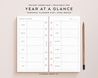 PERSONAL SIZE // Year at a Glance Printable Planner Inserts, Yearly Overview Agenda, Yearly Plan, Year On 2 Pages Horizontal Layout, YO2P