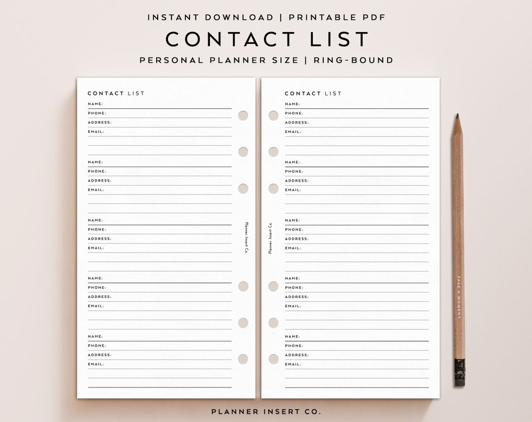 PERSONAL SIZE // Contact List Printable Planner Insert, Contact List ...