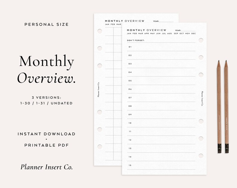 PERSONAL SIZE // Monthly Planner Insert Printable / Month at A Etsy