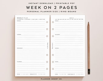 PERSONAL SIZE // Week on 2 Pages / Weekly Planner Insert Printable / Week At a Glance / Weekly Schedule / Weekly Agenda / Minimal Planner