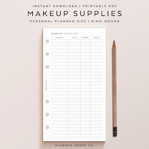 TAMAÑO PERSONAL // Planificador de seguimiento de suministros de maquillaje imprimible / Planificador de maquillador / Organizador de registro de seguimiento de productos de maquillaje / Minimalista