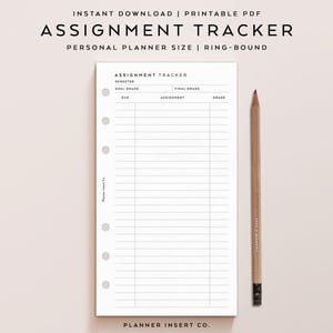 PERSONAL SIZE // Assignment Tracker Study Planner Insert Printable / Academic Planner / Personal Planner Insert / Grade Overview / Minimal
