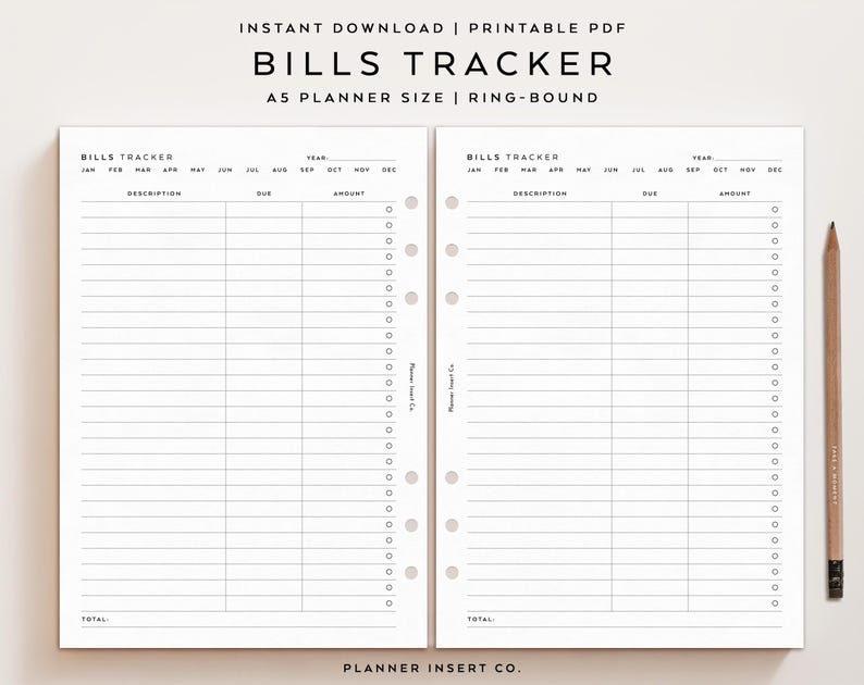 A5 PLANNER SIZE // Bills Tracker Planner Printable Insert / Bills Due ...
