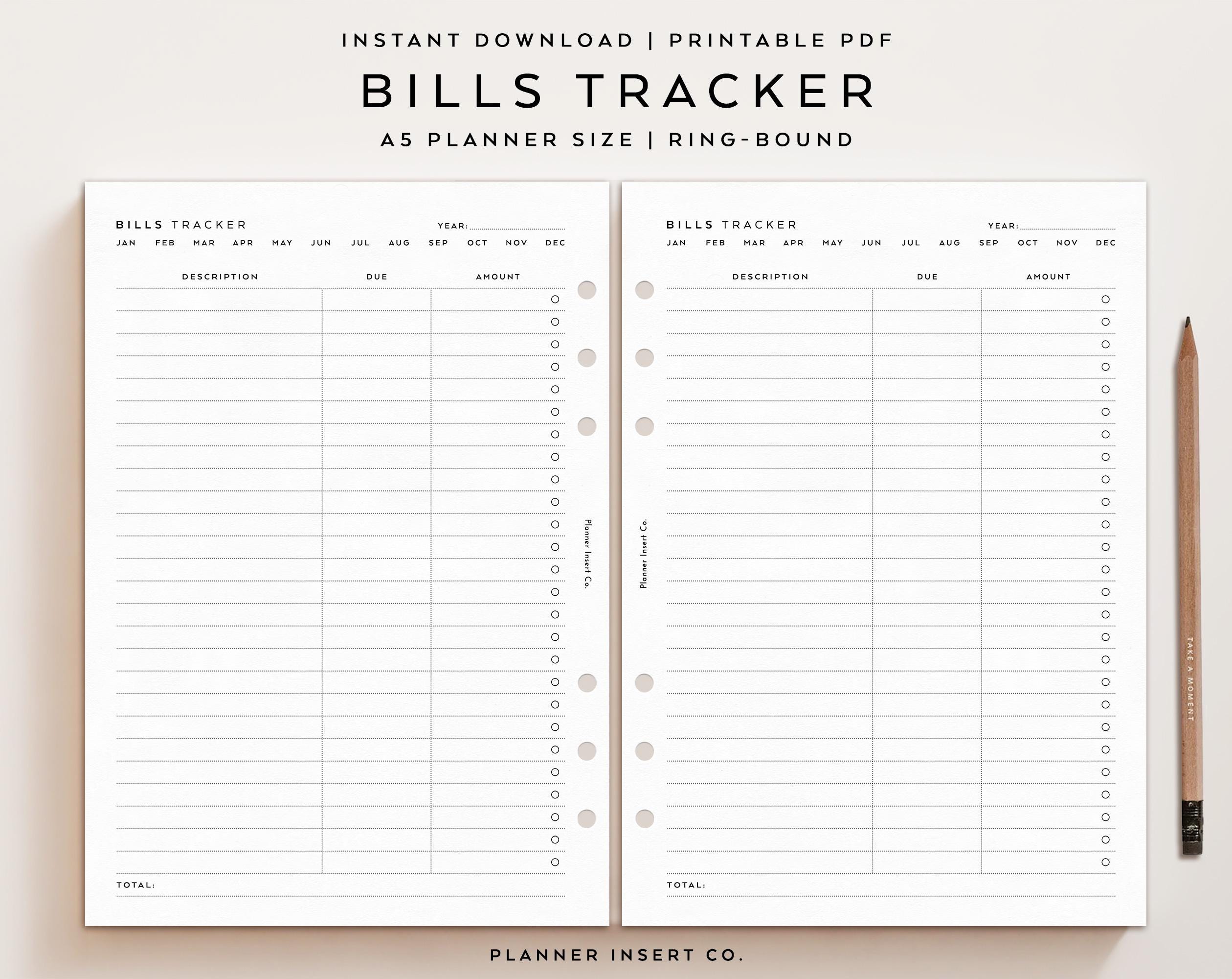 A5 PLANNER SIZE // Bills Tracker Planner Printable Insert / Bills Due ...