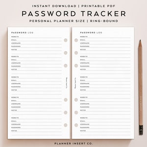 PERSONAL SIZE // Password Tracker Planner Insert Printable / Password Keeper / Password Organizer / Password Log / Password List / Minimal
