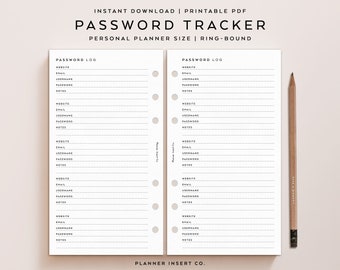 PERSONAL SIZE // Password Tracker Planner Insert Printable / Password Keeper / Password Organizer / Password Log / Password List / Minimal