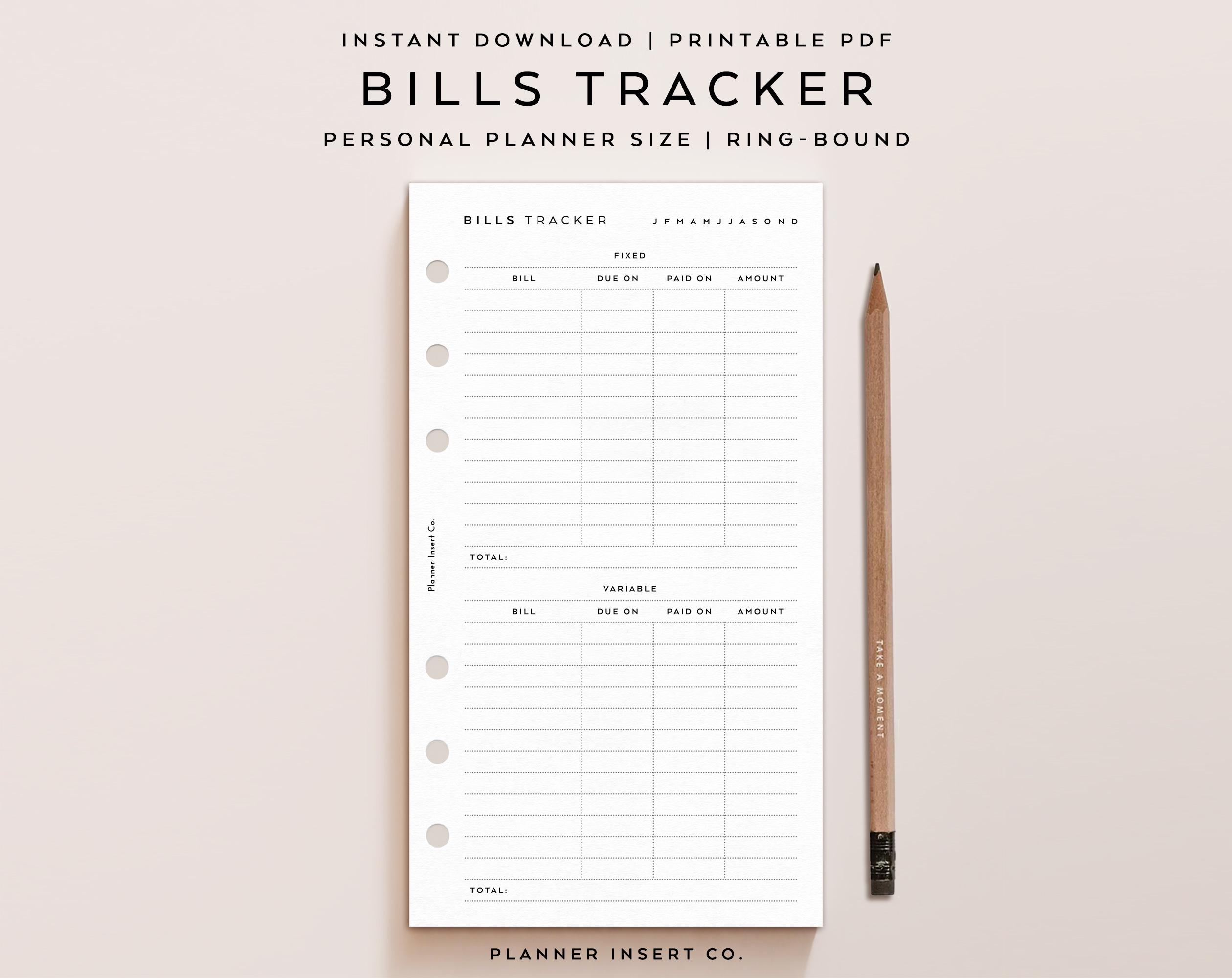 PERSONAL SIZE // Monthly Bills Tracker Printable Planner Insert / Bill ...
