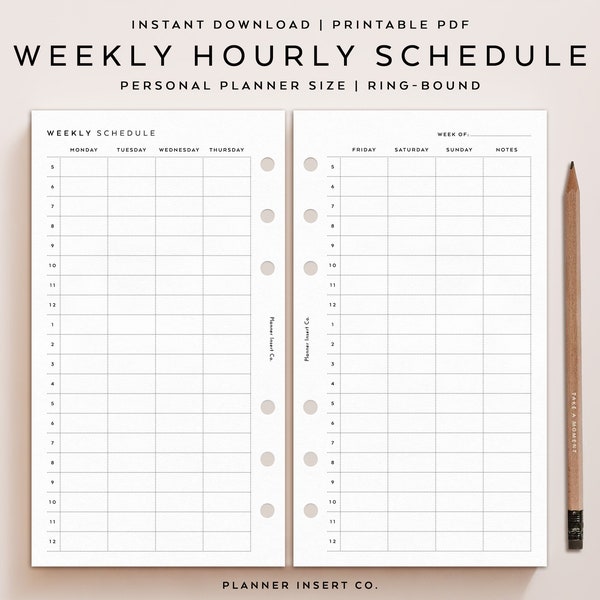 PERSONAL SIZE // Hourly Weekly Schedule Printable Planner Insert, Weekly Hourly Planner, Week At a Glance, Weekly To Do List Agenda Minimal