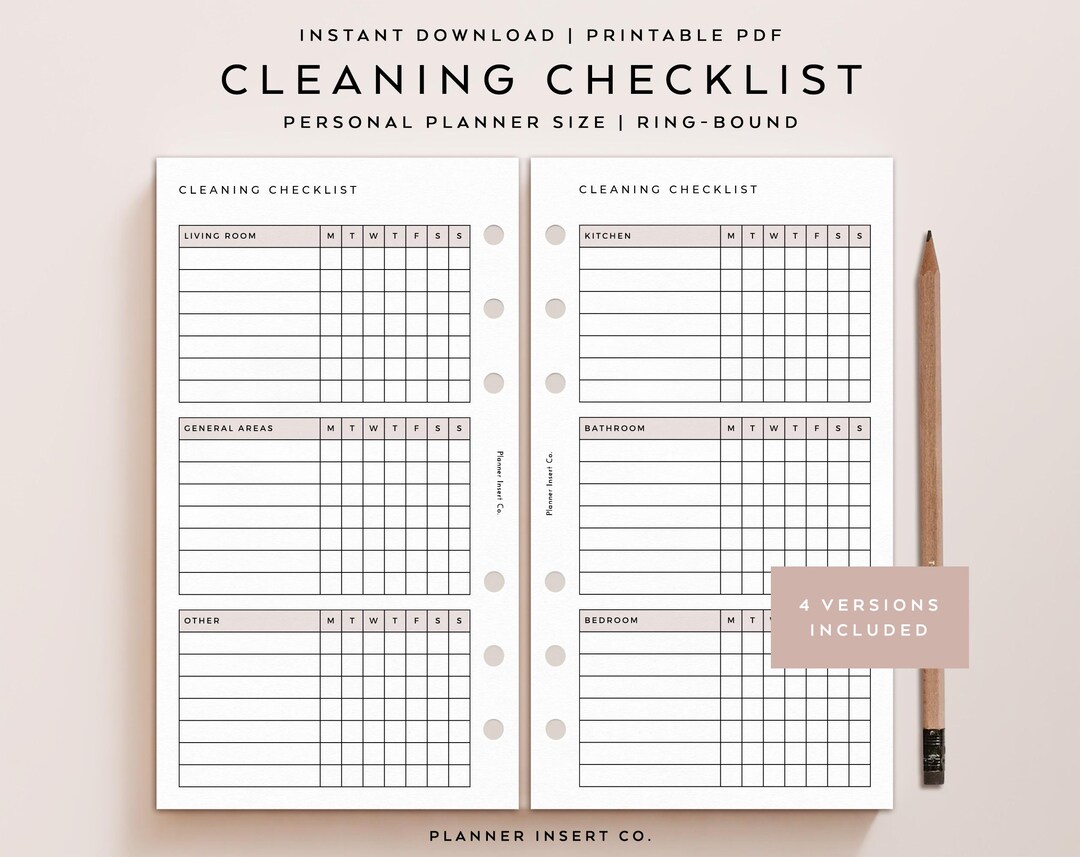PERSONAL SIZE // Cleaning Checklist Printable Planner Insert / Zone ...
